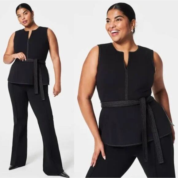 SPANX The Perfect Contrast Tie Waist Sleeveless Ponte Top Black Sz S NWT {L13} - Picture 1 of 4